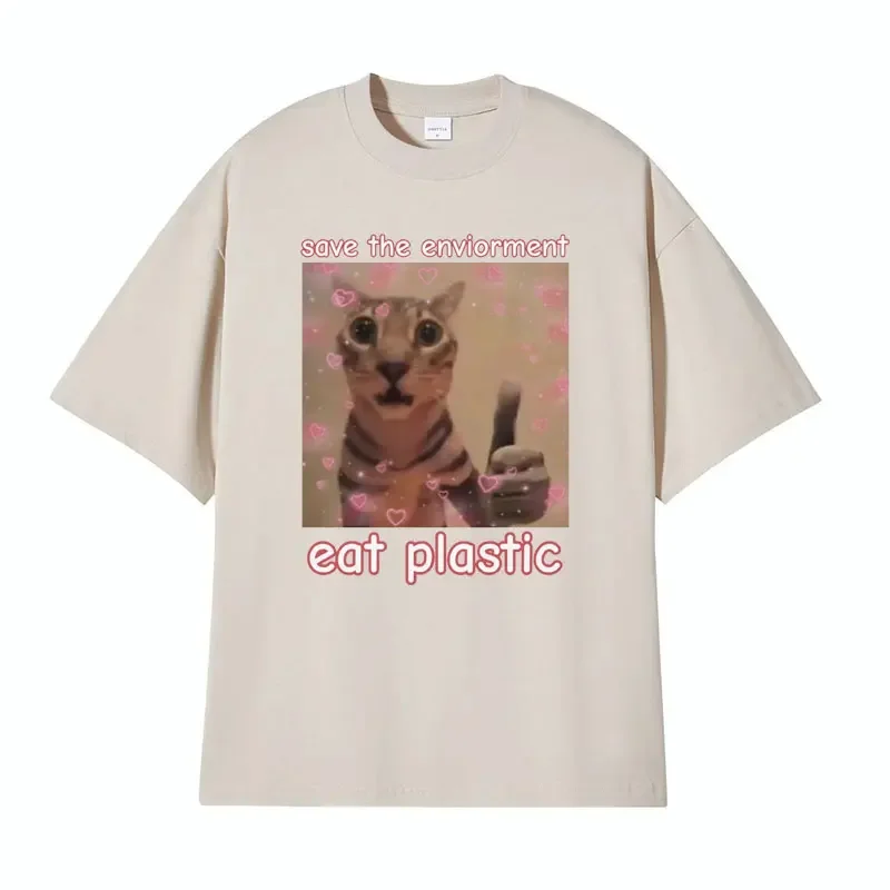 T-shirt manches courtes homme et femme, humoristique et décontracté, 100% coton, humoristique et humoristique, à la mode, Save the Environment Eat Plastic Cat Meme