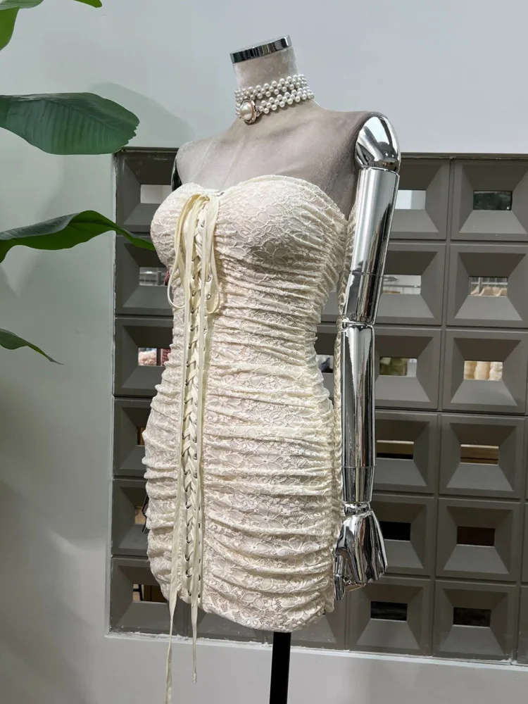 DFDG – Mini robe Bustier froncée et moulante en dentelle pour femmes, tenue de soirée moulante aux hanches, printemps et été 2025