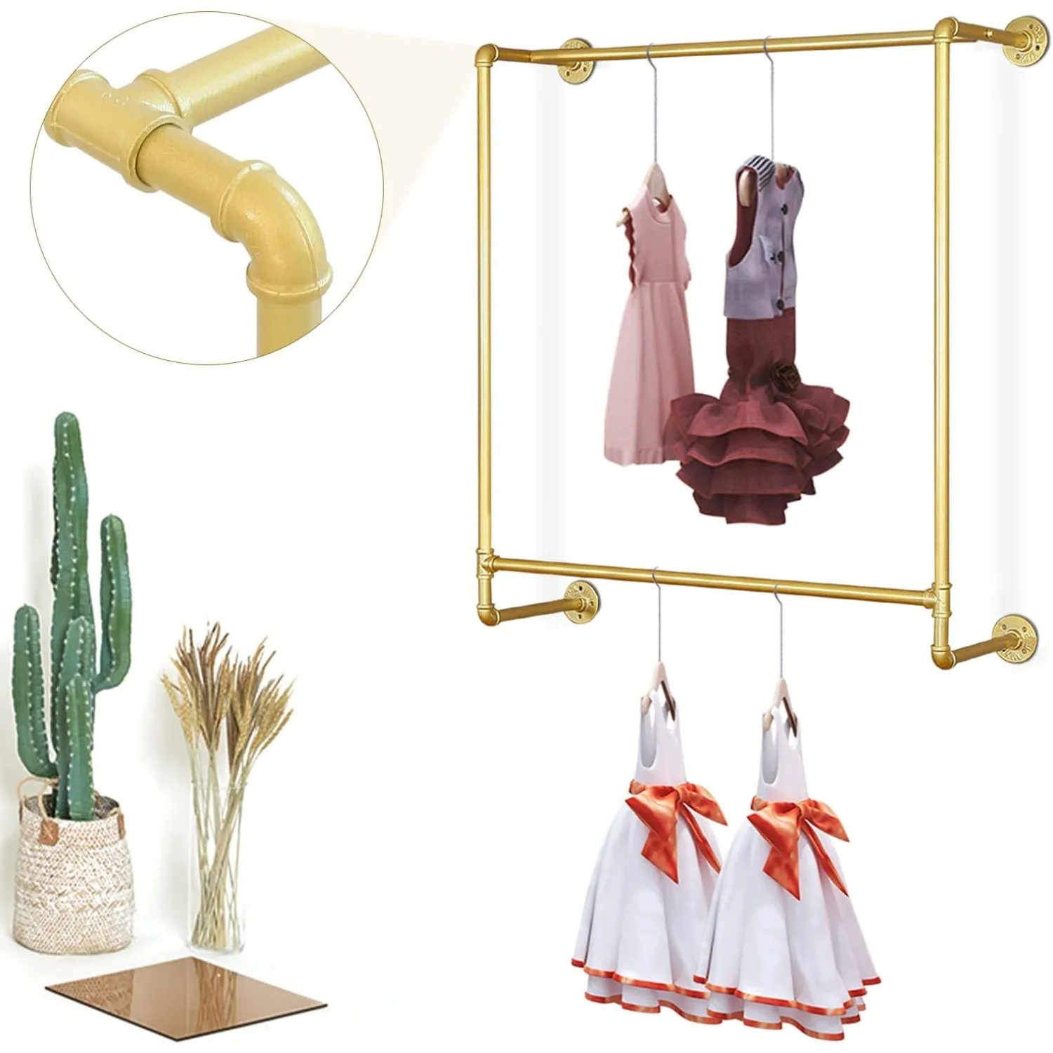 골드 사각 벽걸이 의류 랙 - 헤비 메탈 옷걸이, 매장/가정용 다목적 진열대, 110.23파운드 용량