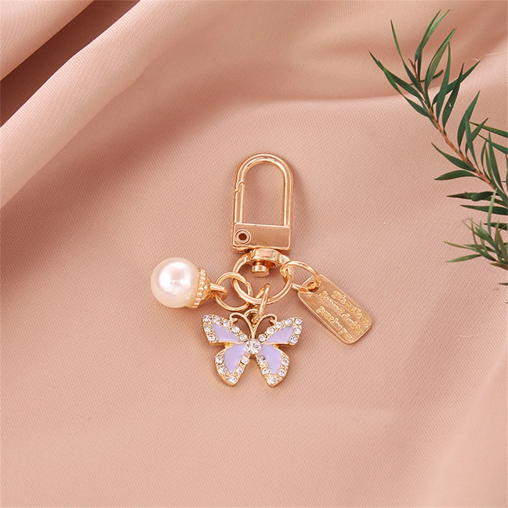 Exquisite Rhinestone Butterfly Keychain Cute Pearl Metal Tag Keyring For Women Handbag Ornaments Charms Friend Gifts Accessories