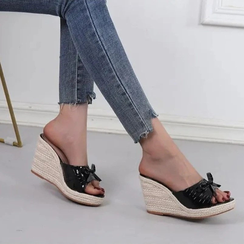 2025 zapatillas de cuña con plataforma, zapatos de mujer, sandalias con punta abierta y flores, chanclas para niñas, alpargatas para mujer