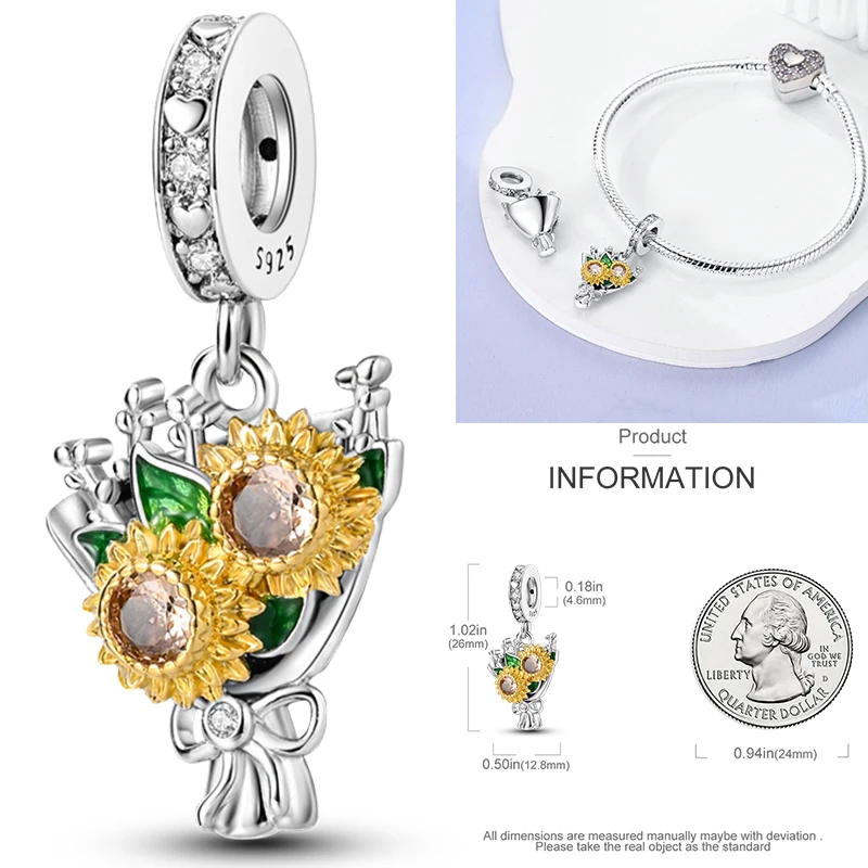 Katzen- und Sonnenblumen-Charm aus 925 Sterling Silber, gelbe Blume, Sonnenblume, Hausperlen, passend für Original-Armreifen, Damen-DIY-Schmuck – Detail 23