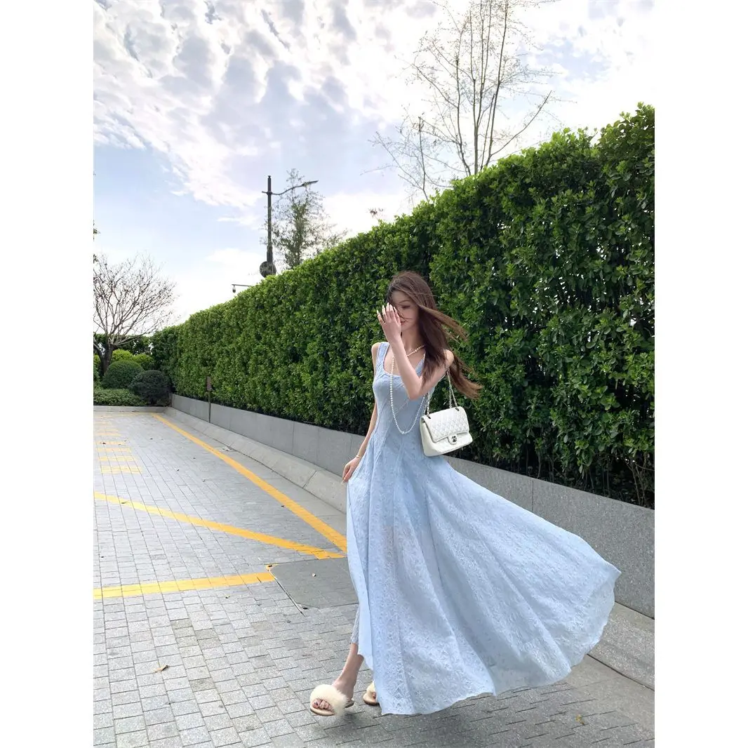 

2026 New Summer Blue Square Neck Slip Dress For Women Beach Vacation Elegant Waist Slimming Fluffy Long Dress Fashion Casual