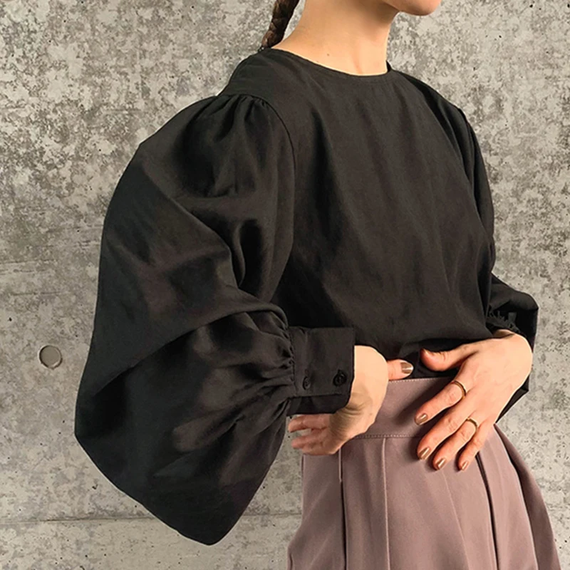 Lanterne ample Sve ronde Ne irt coton femme Faion automne nouveau Sle coupe confortable japonais Sle haut surdimensionné