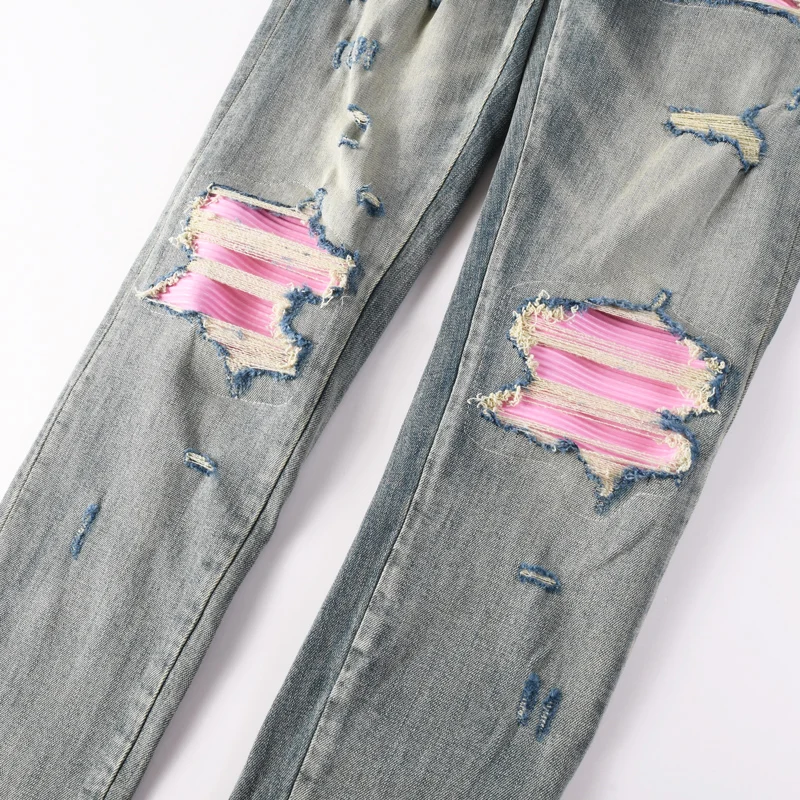 Y2KDesigner High Street Fashion Jeans Stretch Slimming Washed Light Blue Jeans Red Patched Hip Hop Brand Pants Hombre