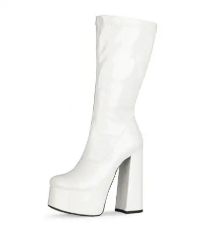 السماء الزرقاء الساخن الوردي الأصفر براءات الاختراع والجلود جولة تو منصة حذاء بكعب سميك سليم حذاء برقبة للركبة النساء فاسق عالية الكعب أحذية طويلة