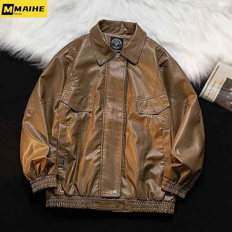 

2023 Retro literary PU leather jacket for men and women fall new brand clothing American trend motorcycle bike brown fur coat