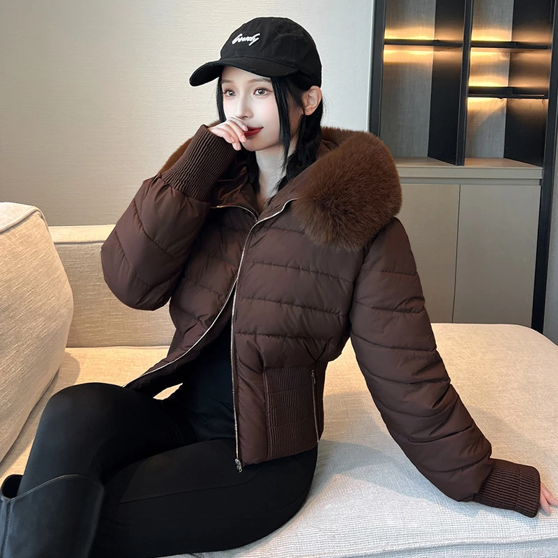 

Тонкие короткие хлопковые пальто 2025, новые зимние женские толстые теплые куртки с меховым воротником и капюшоном на хлопковой подкладке, верхняя одежда в стиле пэчворк с высокой талией