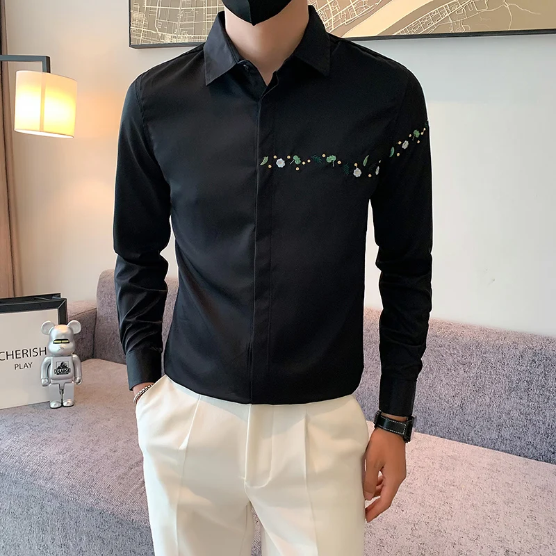 

2023 Korean Style Long Sleeve Shirt Men Small Flower Embroidery White Black Handsome Casual Slim Fit Blouse Male