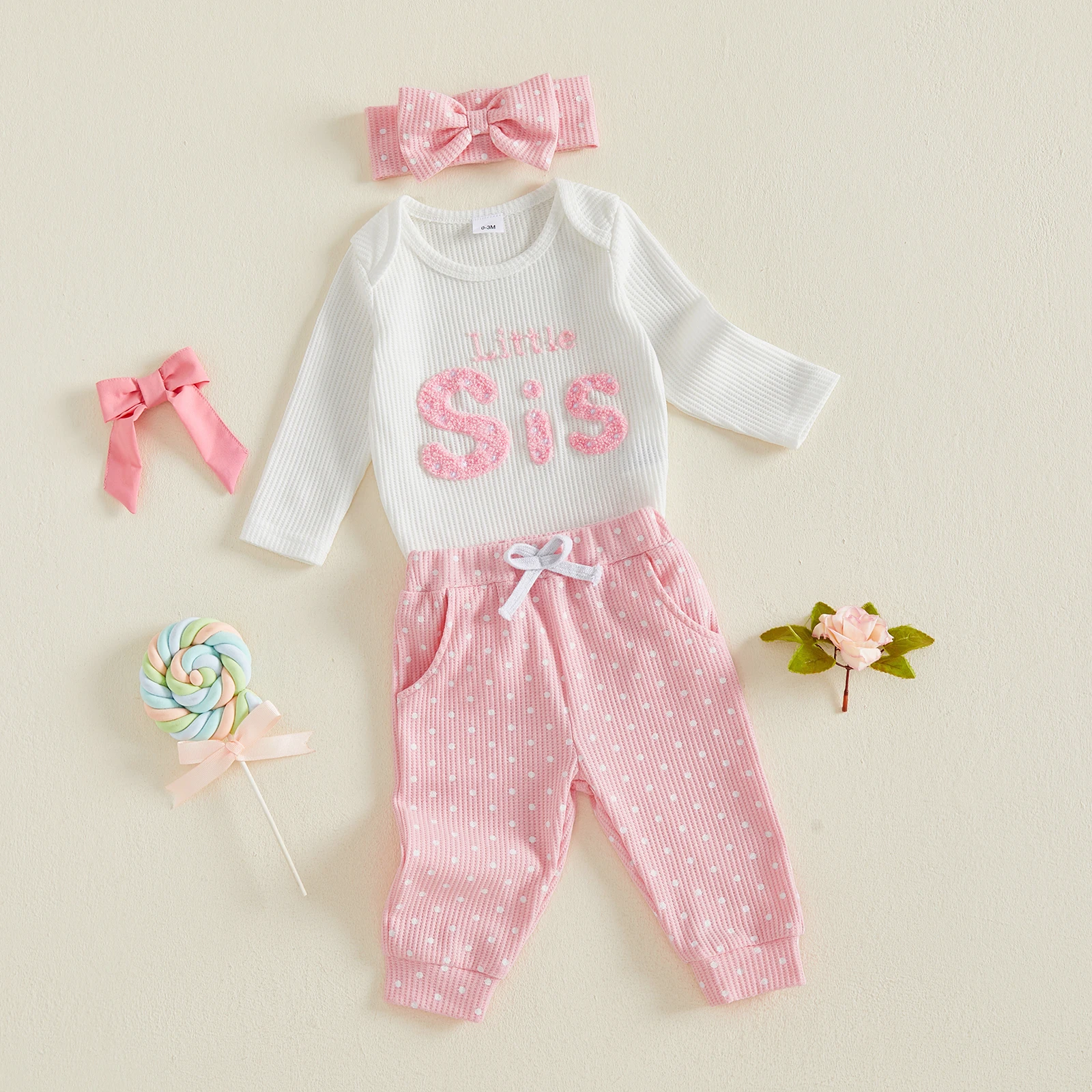 Baby Girls Waffle Little Sister Outfit Long Sleeve Embroidery Romper Pants Headband Cute Baby Girls Spring Fall Clothes