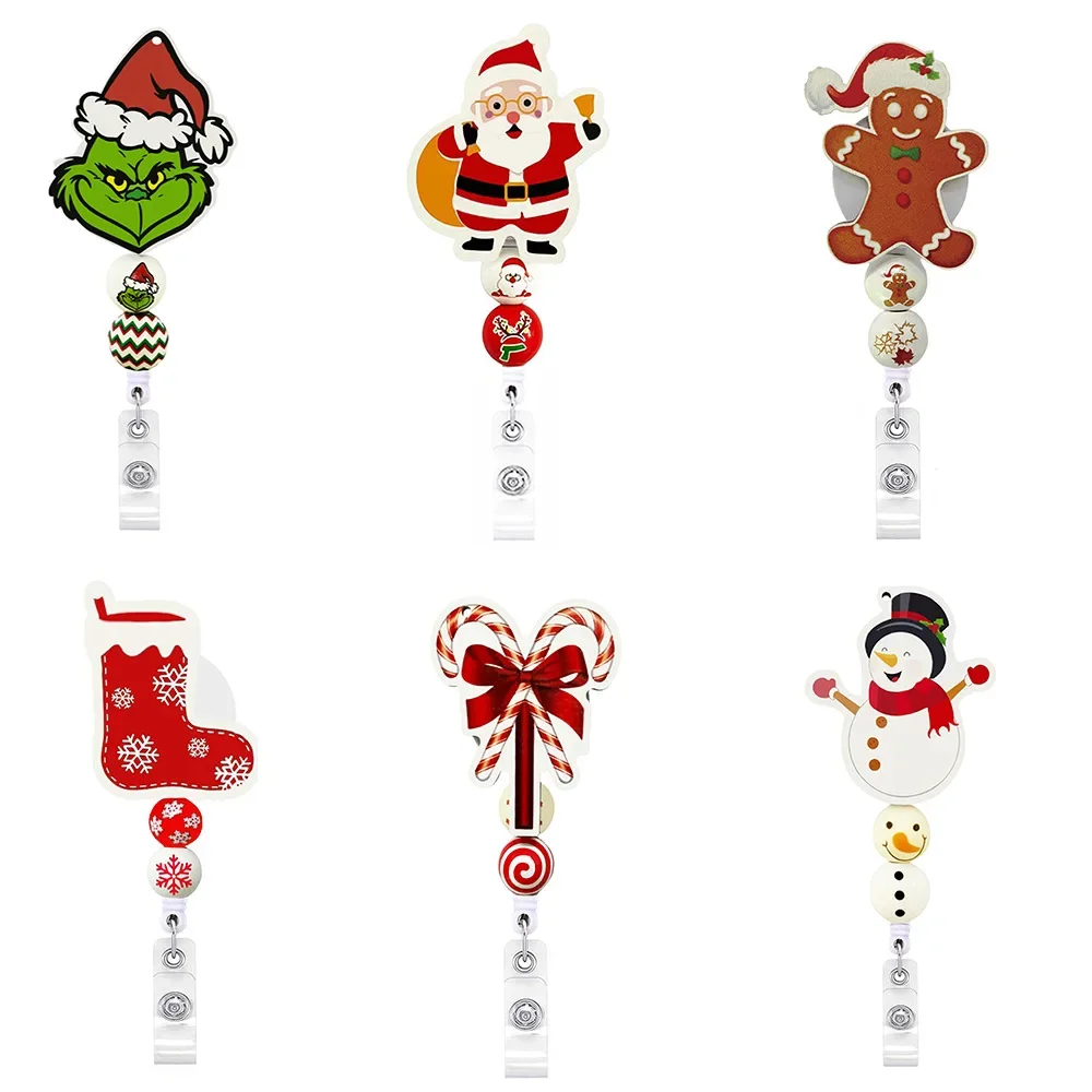 New Design 1 Piece Retractable Nurse Badge Reel Fashion Beads Christmas Snowman Stocking ID Card Holder Office Santa Gift