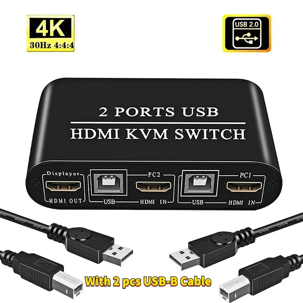 KVM Switch HDMI 2 Port Box 4K@30Hz & 3D & 1080P Supported, No Power Adapter Required, with 2 USB Cables