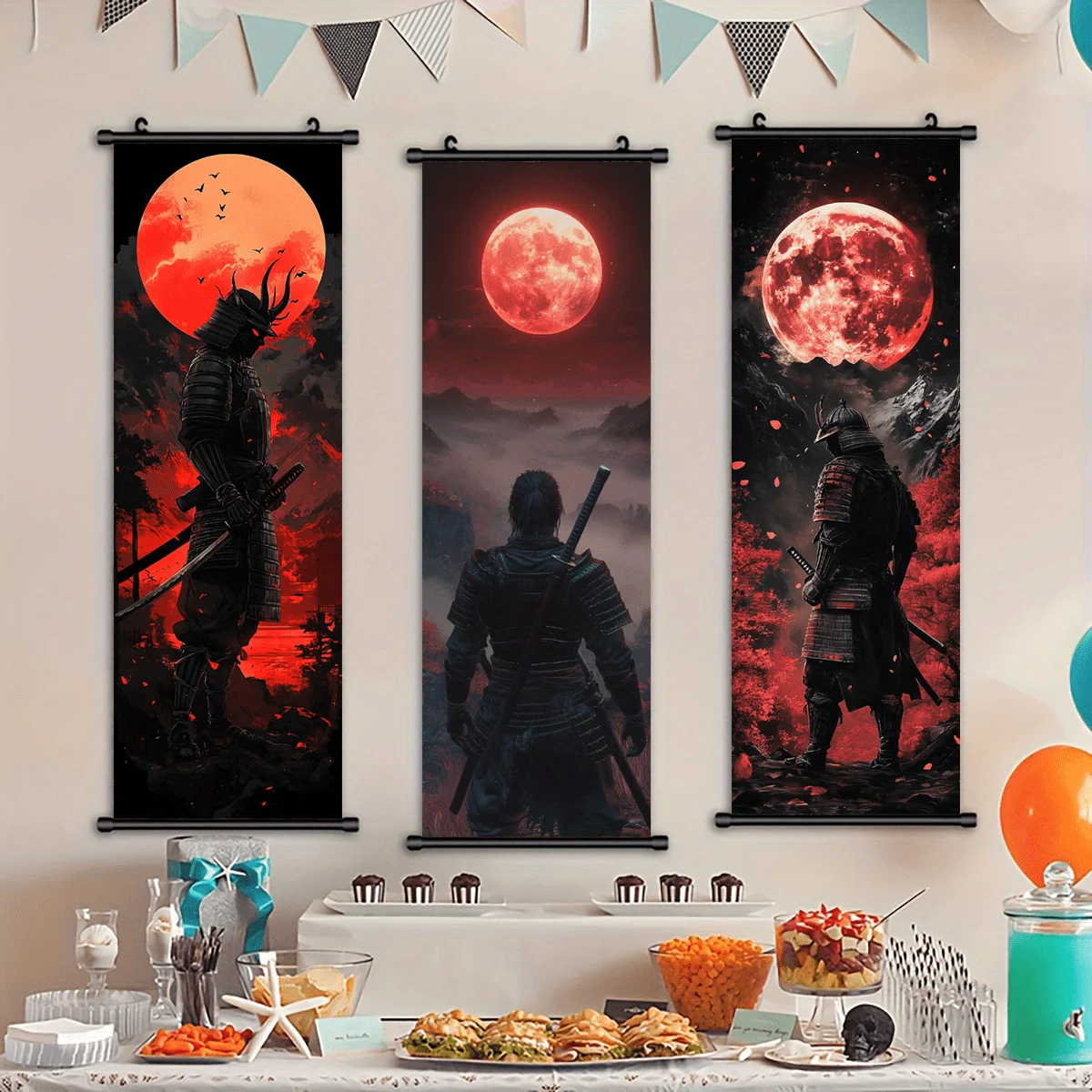 VIKAMA Japanese Samurai Wall Scroll Tapestry, Dark Red Blood Moon Cherry Blossom Mountain, Art Poster, Home Wall Hanging Decor