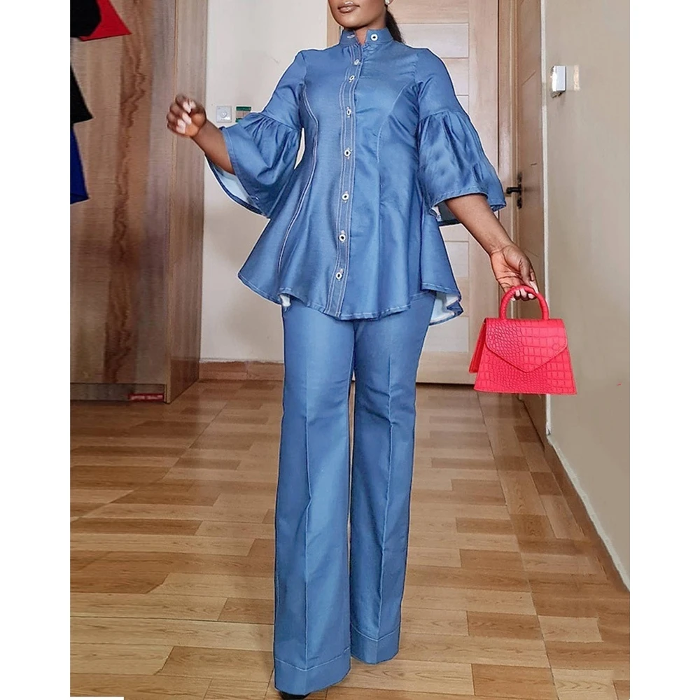 

Elegant Denim Two Pieces Set for Women Buttoned Flare Sleeve Mock Neck Top & Straight Pants Suit Set Fashion Solid Outfits