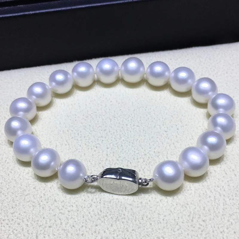 Charming 7.5"9-10mm Natural White Genuine Round Pearl Bracelet  Jewelry 925 Sterling Silver