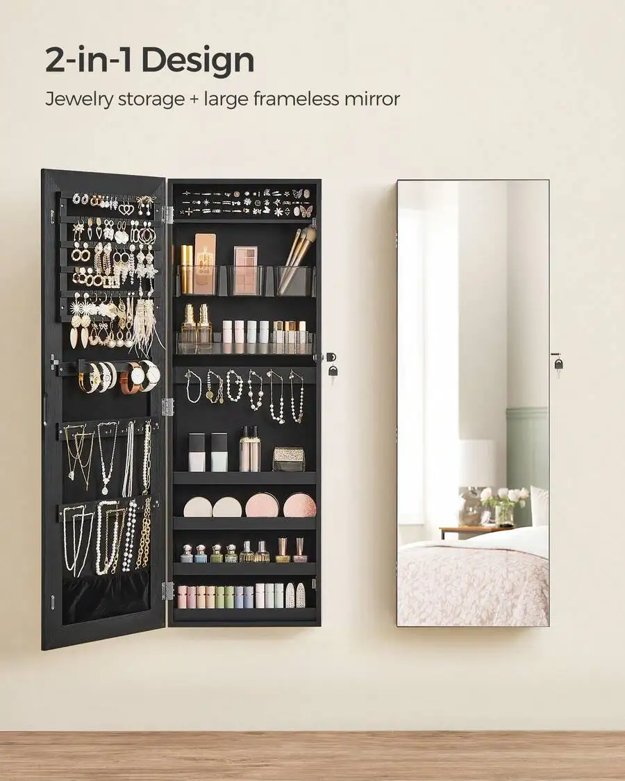 Mirror Jewelry Cabinet, Wall Or Door Mounted Jewelry Storage, Lockable, With 2 Plastic Cosmetic Organizers, Back To School Dormitory Storage