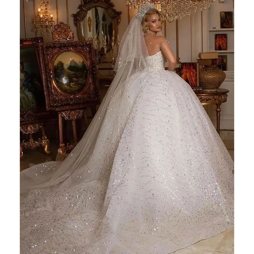 Luxus Pailletten Brautkleider Prinzessin Schatz V-Ausschnitt Tüll Glitzer Perlen Flügel ärmel Ballkleider Brautkleid de Mariee 2024