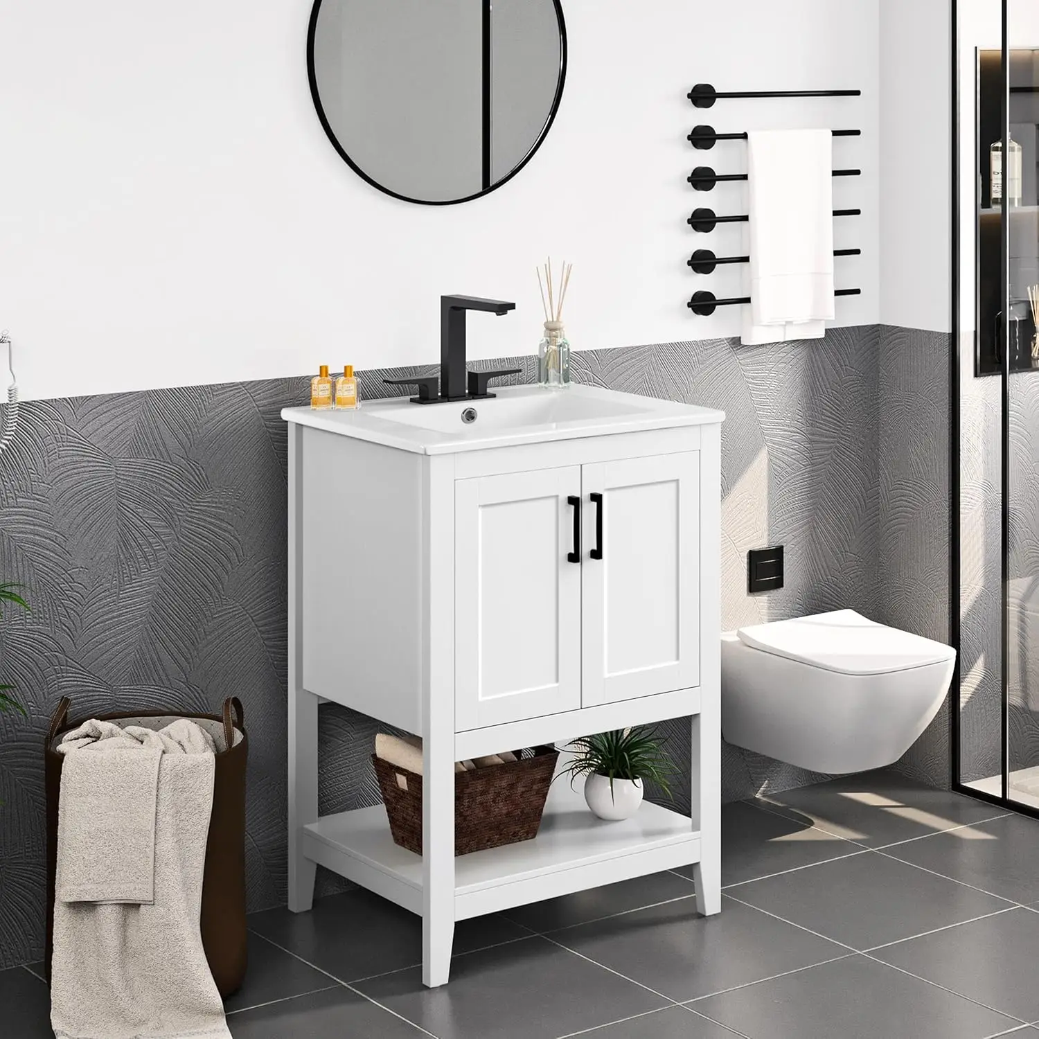 

24" Bathroom Vanity with Sink, Bathroom Sink Cabinet, Bathroom Vanities Cabinet with 2 Doors and 1 Open Shelf, White
