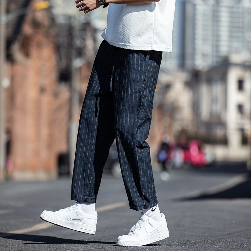 

Loose Straight Leg Men's Summer Casual Pants Khaki Stripe Design Cotton Linen Blend Nine-Foot Rope Waist Loose Fit Trousers