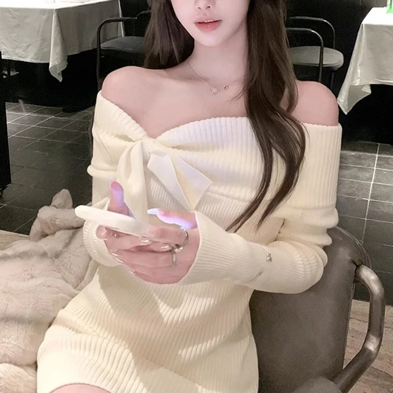 

Knitted Shoulder Bow Wrap Crop Top And High Waist Midi Skirt Set For Women, Elegant Outfit For Date Night And Summer Party