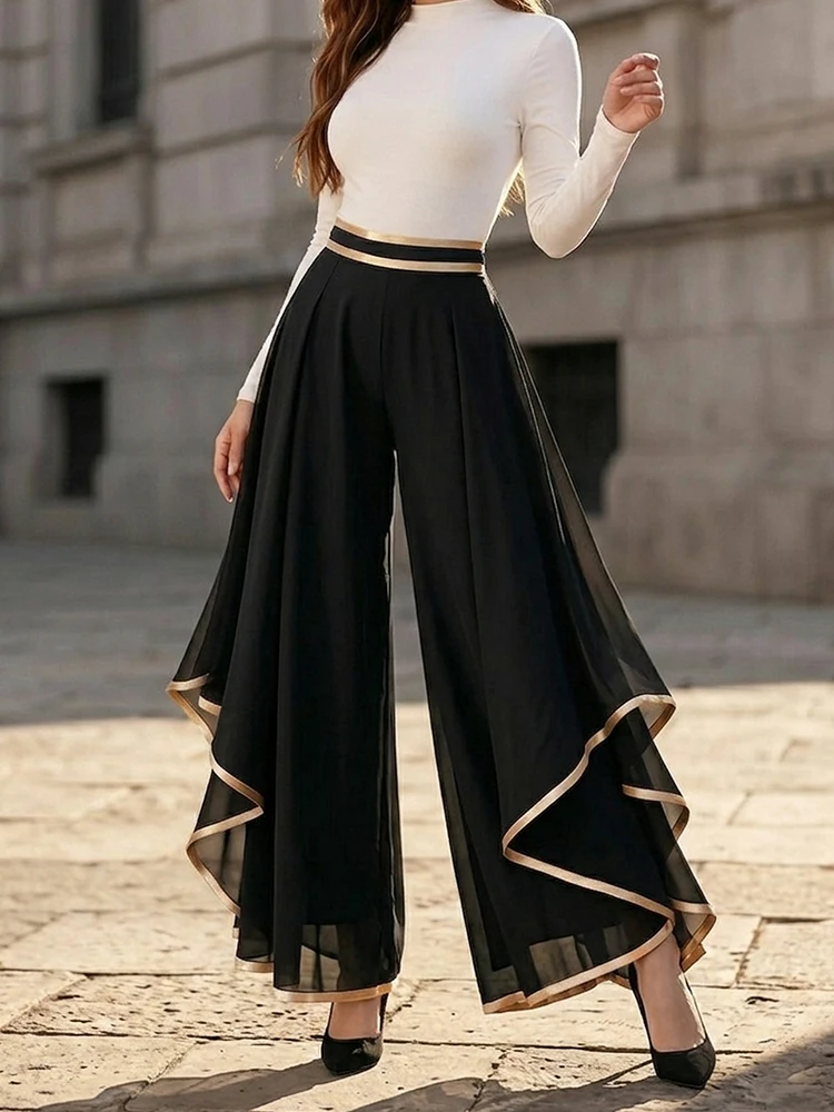 Women Women High Waist Wide Leg Pants Gold Trim Chiffon Flowy Trousers Pleated Loose Dress Pants For Office Commute Semi Formal Summer Outfit - Aliexpress Deal