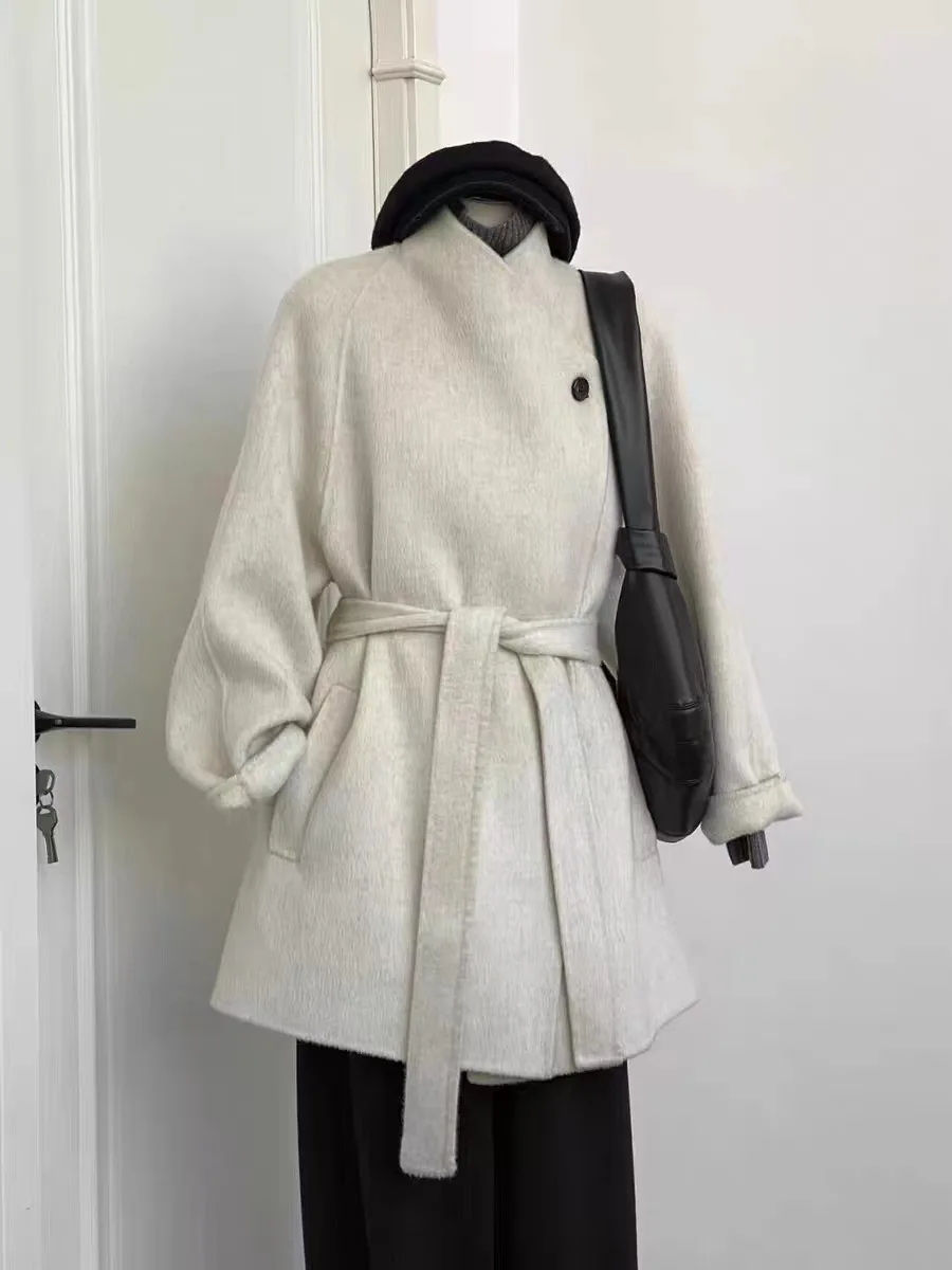 Allingentle Women's Suit Blazer Woolen Jacket Elegant Coat with Belt for Cocktail Party Daily Outfits Customize
