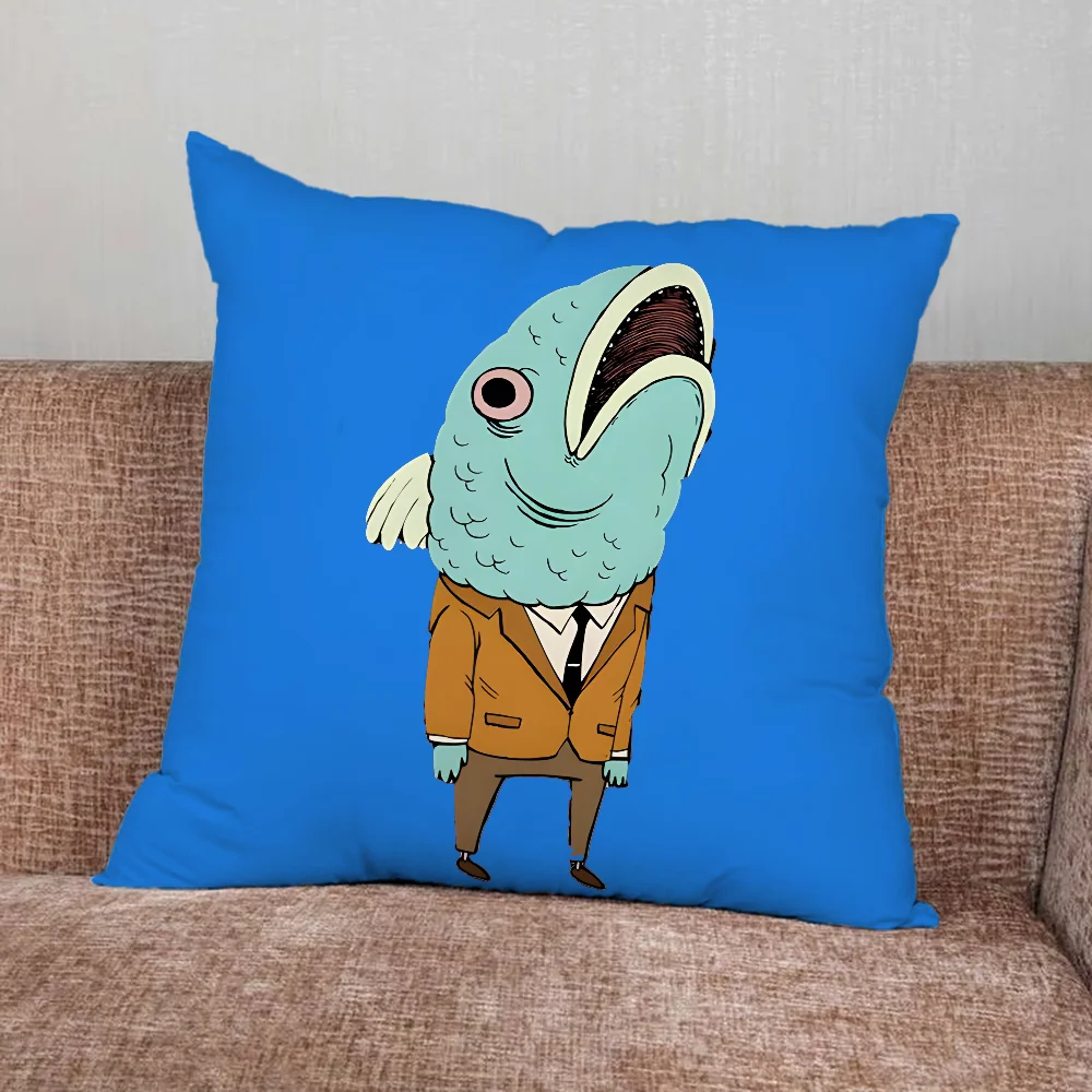 Art Fish Print Pillow Cover Soft Peach‑Skin Cushion Cover Retro Oil Painting Sardine Pattern Throw Pillowcase for Living Room So