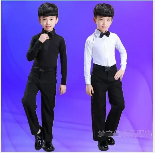 

Boys Latin Dance Costume Ballroom Cha Cha Tango Stage Performance Costumes Children Black White Bow Top and Pant