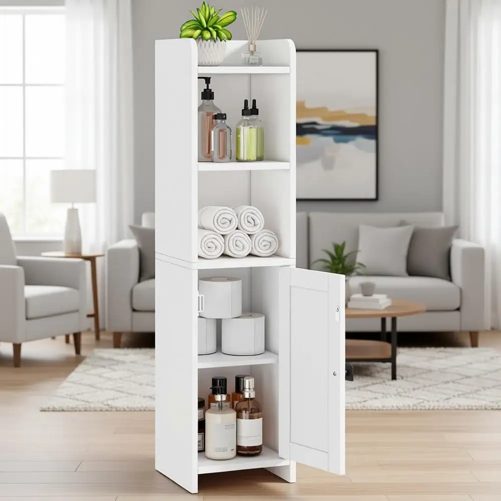 

Compact White Bathroom Storage Cabinet with Adjustable Shelves and Toilet Paper Organizer for Small Spaces