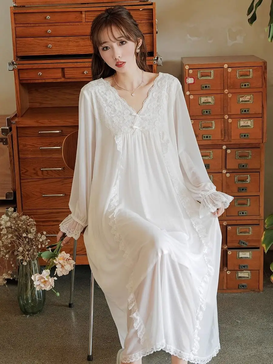 Spring Autumn Night Gown Sweet Dress French Pajama Women Embroidery Lace Long Sleeve Nightgown Loungewear Mesh Dresses Underwear