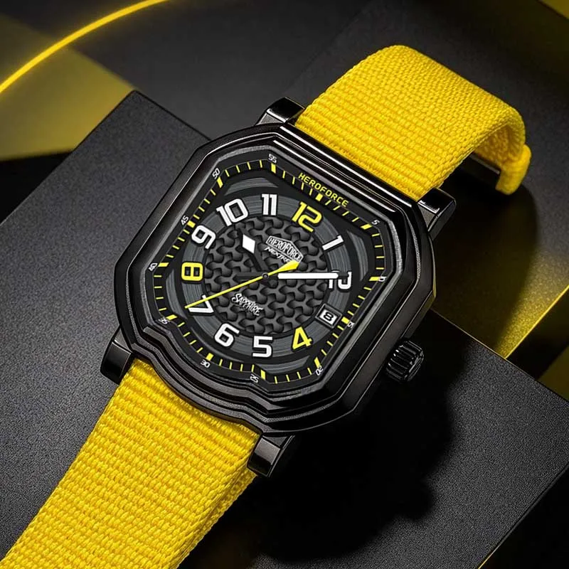 HEROFORCE Top New Hot Men Quartz Watches Yellow Nylon Woven StrapCasual Fashion Suitable Various Wearing Styles Wristwatch Men