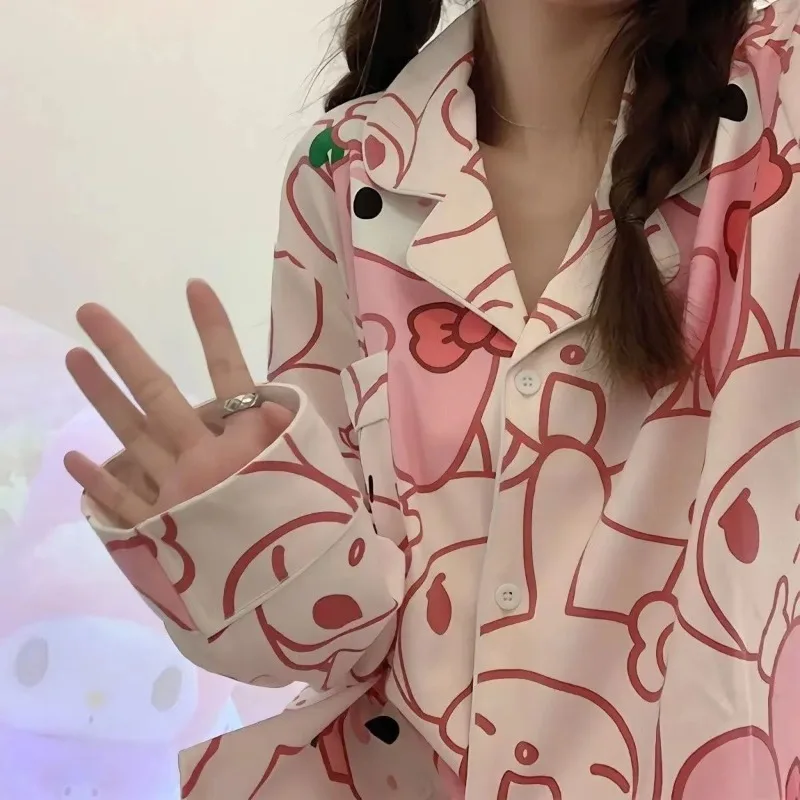 ins cartoon Melody pajamas Sanrio pajamas long-sleeved printing set loose and comfortable loungewear cute Melody loungewear