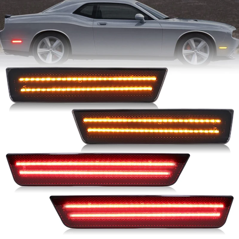 For Dodge Challenger 2008-2014 Clear & Smoked Lens LED Side Marker Lights Dual Row Amber Front Red Rear Side Fender Reflector