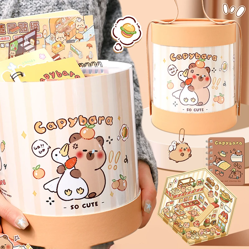 

Kawaii Capybara Stationery Set Pencil Case With Pens Clips Rulers Sticky Note Student Back-to-school Kid Gift
