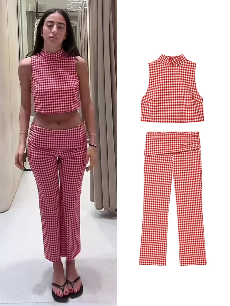 Ensemble pantalon slim d'été pour femme TFMLN – Haut court sans manches à col roulé et pantalon longueur cheville à carreaux – Deux pièces décontractées et confortables