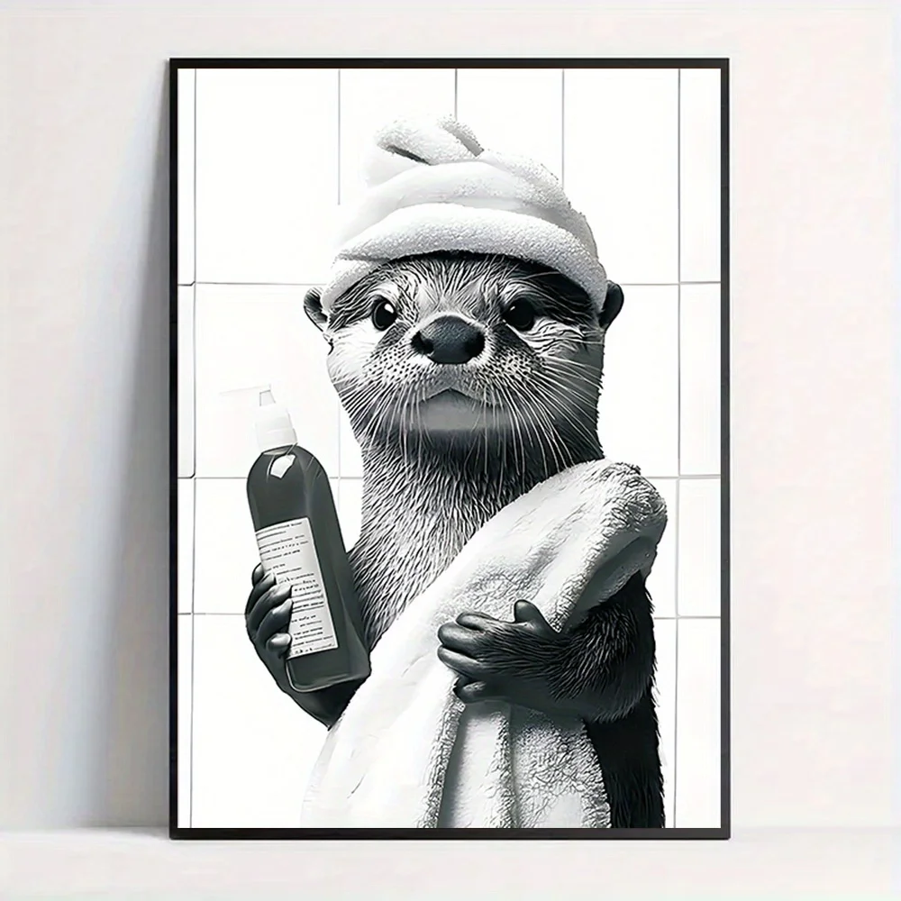 1pc Adorable Otter Bathroom Wall Art - Black & White Otters Holding Shower Gel & Bathrobe, Frameless Canvas Poster Suitable f