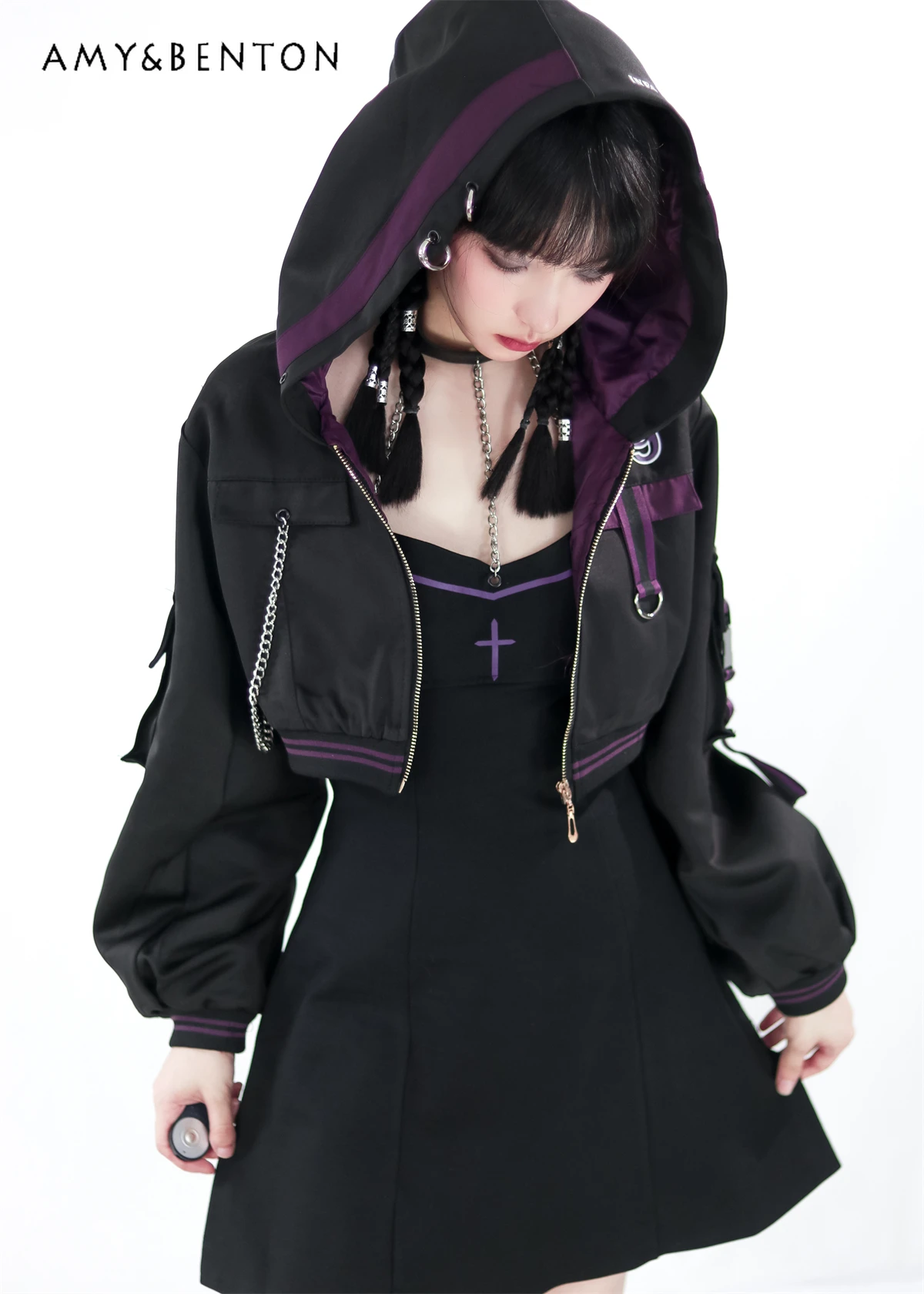 Japanese Harajuku Sweet Cool Short Hooded Jacket Y2K Chain Black Camis Dress Sets Women Autumn New Street Slim Two-Piece Sets