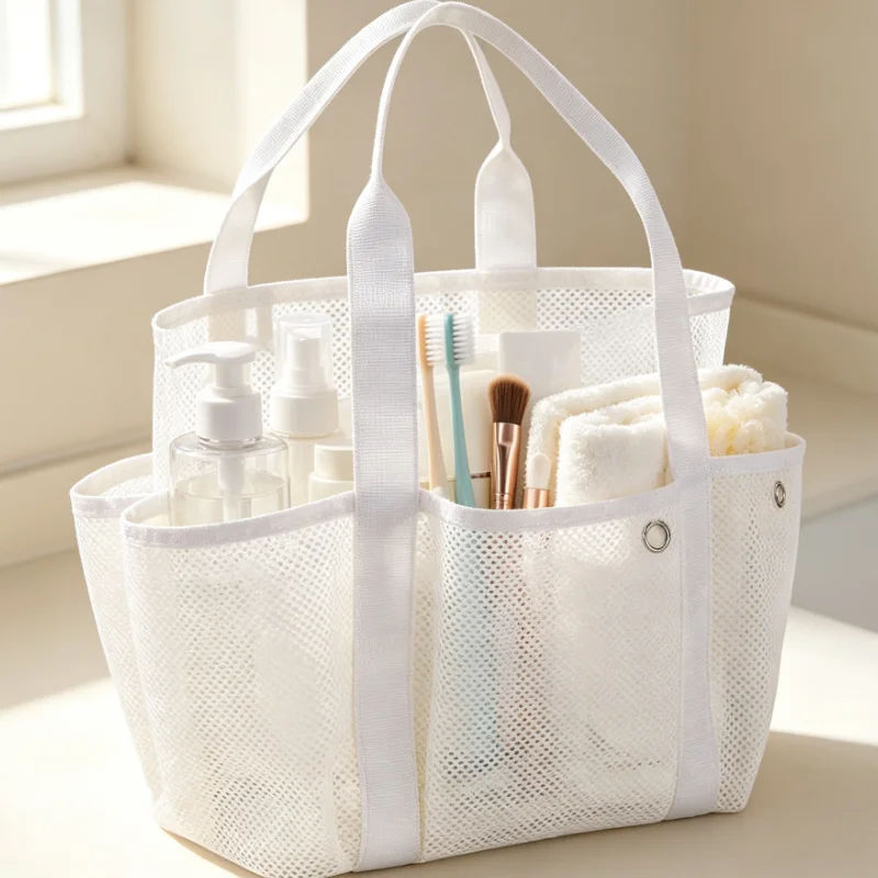 Large Mesh Beach Tote Bag with Outer Pockets, Portable Swim Shower Organizer for Gym Travel Storage