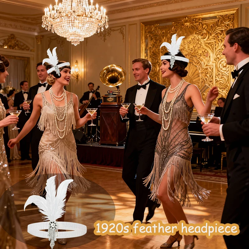 6-48PCS 1920s Flapper Headband Gatsby Accessories for Women Feather Headpieces Hair Accessories for 20s Theme Party Carnival view 3