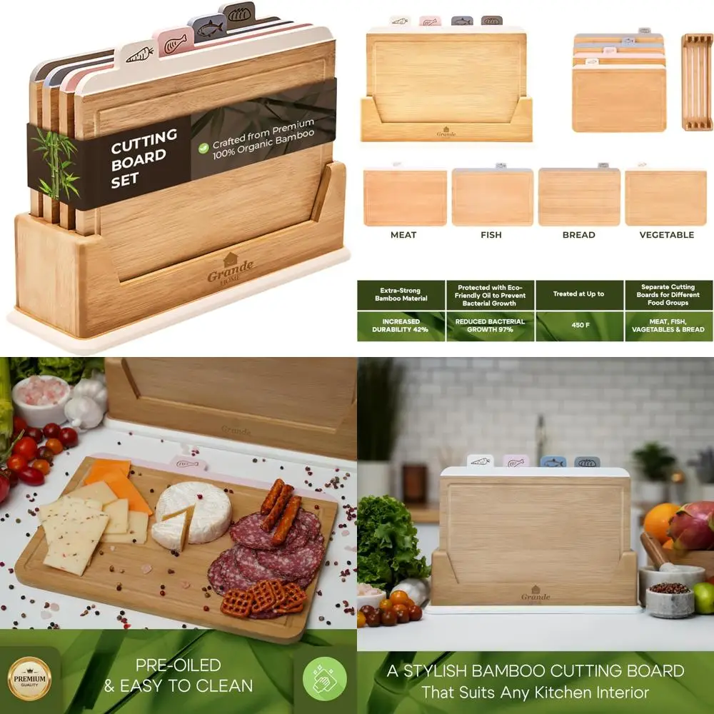 

Набор кухонных бамбуковых разделочных досок — коллекция разделочных досок из 5-х предметов с держателем и пазом для сока для идеальной подготовки к еду