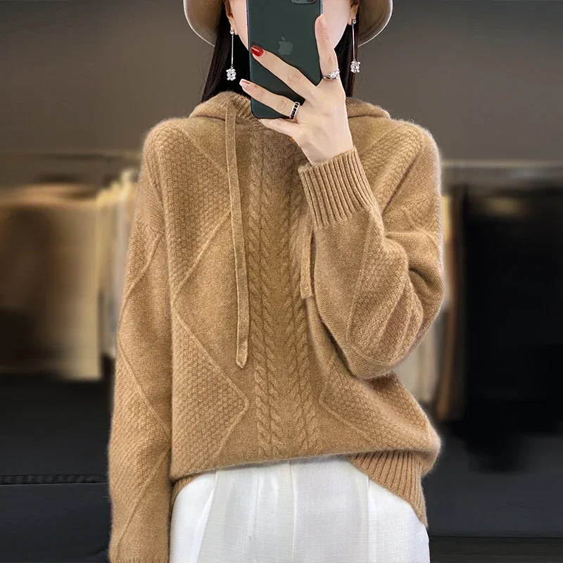 

Tailor Sheep New Women's 100% Wool Pullover Hooded Sweater Solid Color Knitted Comfortable Versatile Women's Short Coat Top