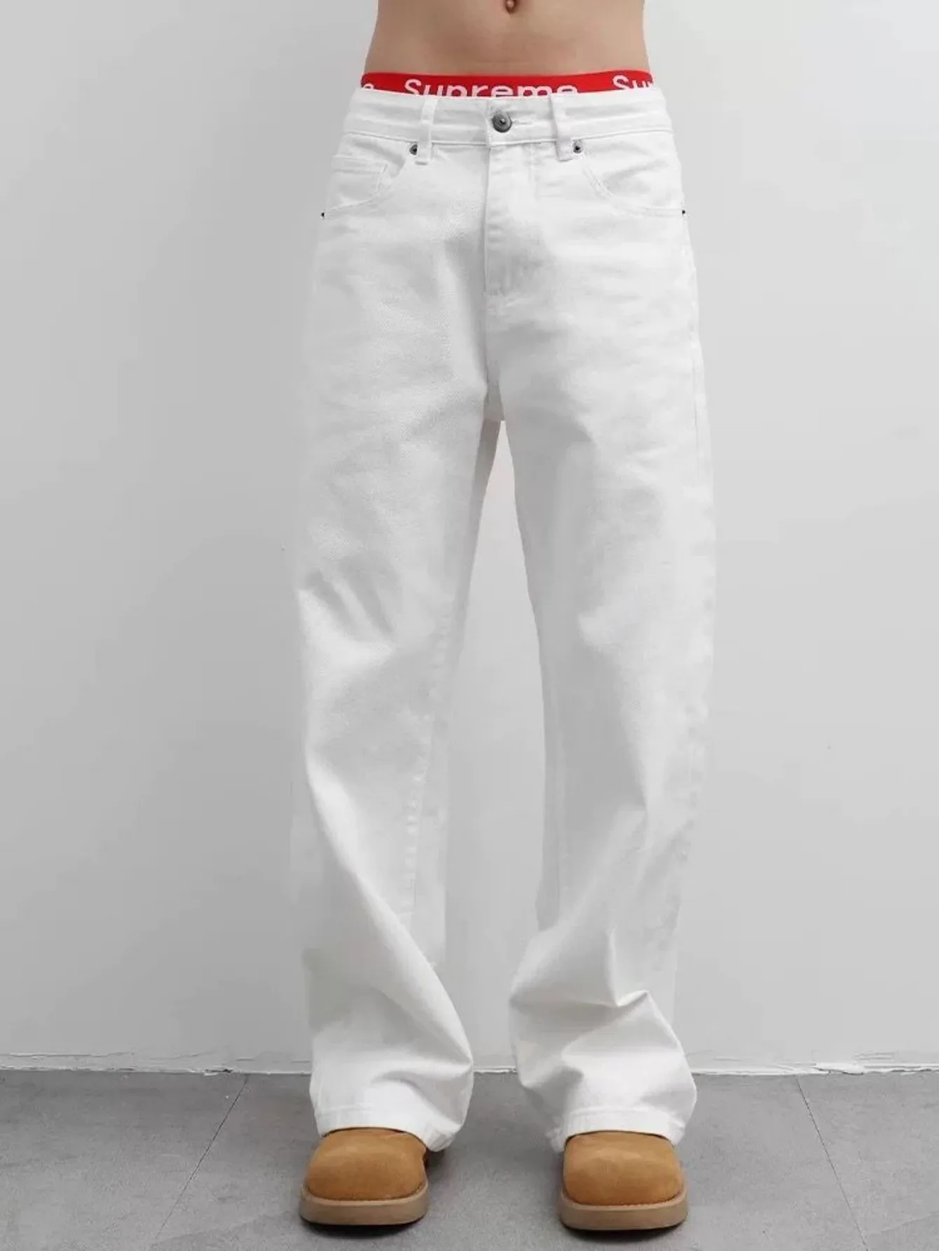 【HME】Men's Jeans | Street Fashion Denim Pants, Solid White Flared‑Leg Denim Trousers With Fine Craft Stitching, Versatile Casual Pants, Well‑Built Denim Bottoms, Trendy Male Denim Apparel For Multiple Daily Occasions