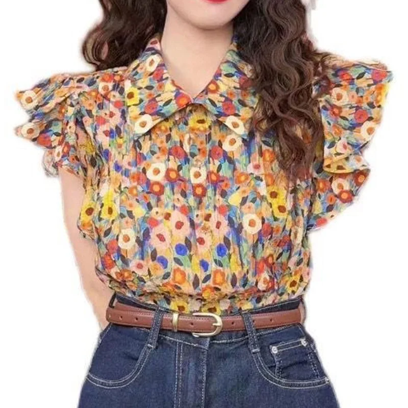 Summer Vintage Sleeveless Shirts Ladies Korean Tops Fashion Printing Women\'s Clothing Temperament Floral Women\'s Clothing 2024