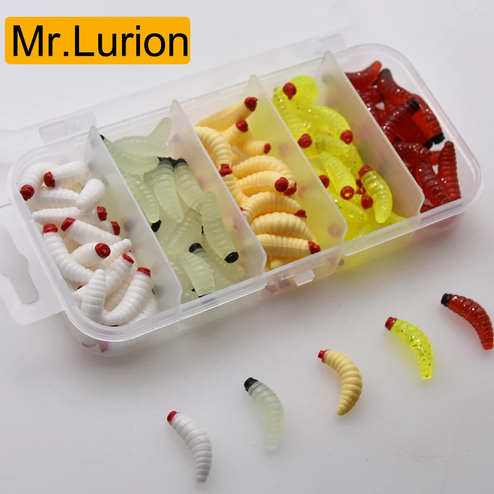 Mrlurion 2cm 100 Uds una caja pequeña señuelo gusano grub cebo, larva de sílice suave pan gusano pesca isca trucha lubina perca señuelo aparejos