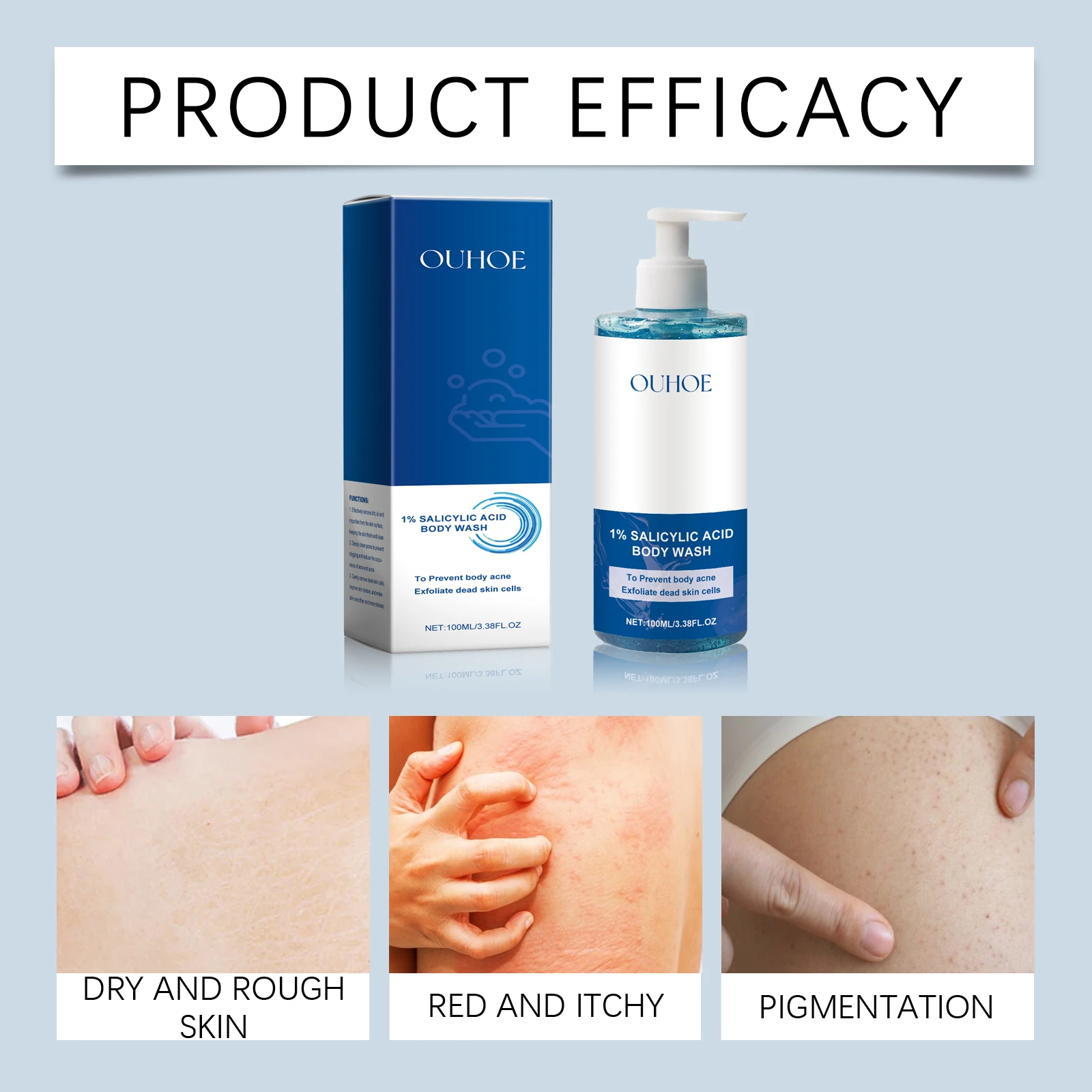 OUHOE 100 مل جل الاستحمام بحمض الساليسيليك لتنظيف المسام بعمق ويزيل خلايا الجلد الميت يجعل البشرة أكثر سلاسة وناعمة والانسداد