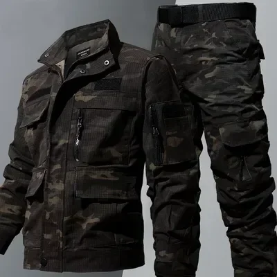 Tactics Sports Sets Men Camo Multi-pocket Ripstop Cargo Jackets+Hunting Training Wear-resistant 2Pcs Suits Outdoor Tactical Set