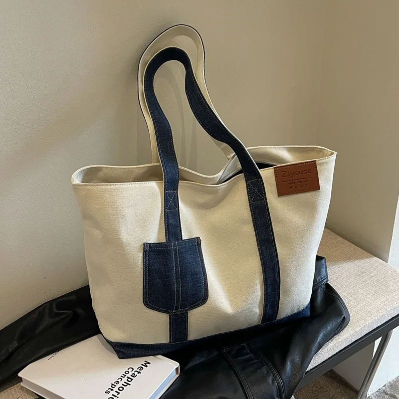 Bolso de hombro de gran capacidad para mujer, bolsa de almacenamiento de lona, estilo Preppy, ocio, Compras, Viajes, calle, moda, combina con todo