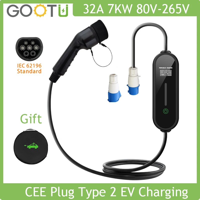 

Портативное зарядное устройство для электромобилей, 7 кВт, 32 А, IEC62196, Электрический регулируемый ток 5 м, тип 2, зарядная коробка EVSE, зарядное устройство для электромобилей, вилка CEE