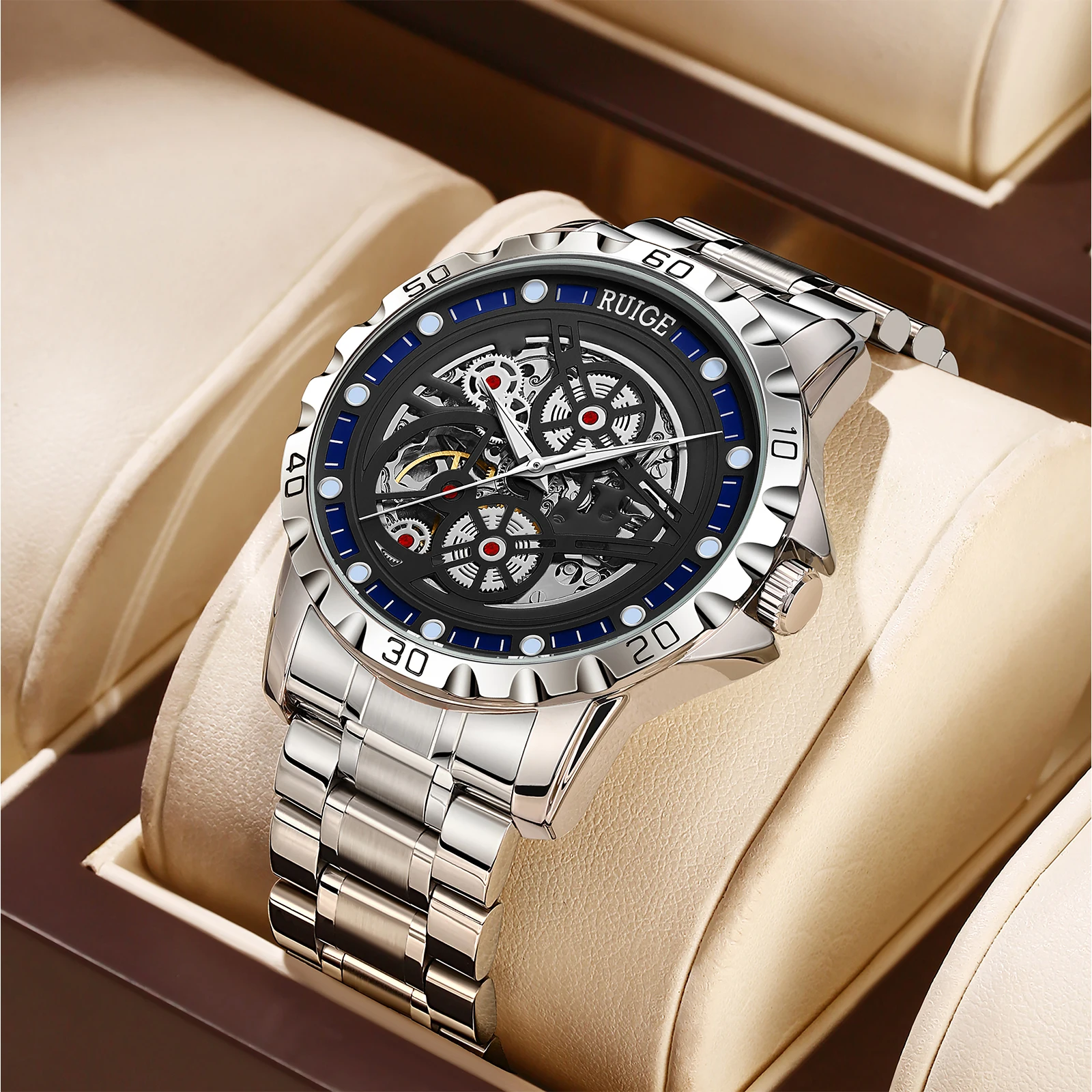 

RUIGE Luminous hollow-out design stainless steel strap automatic mechanical watch, fashionable business men's wristwatch.