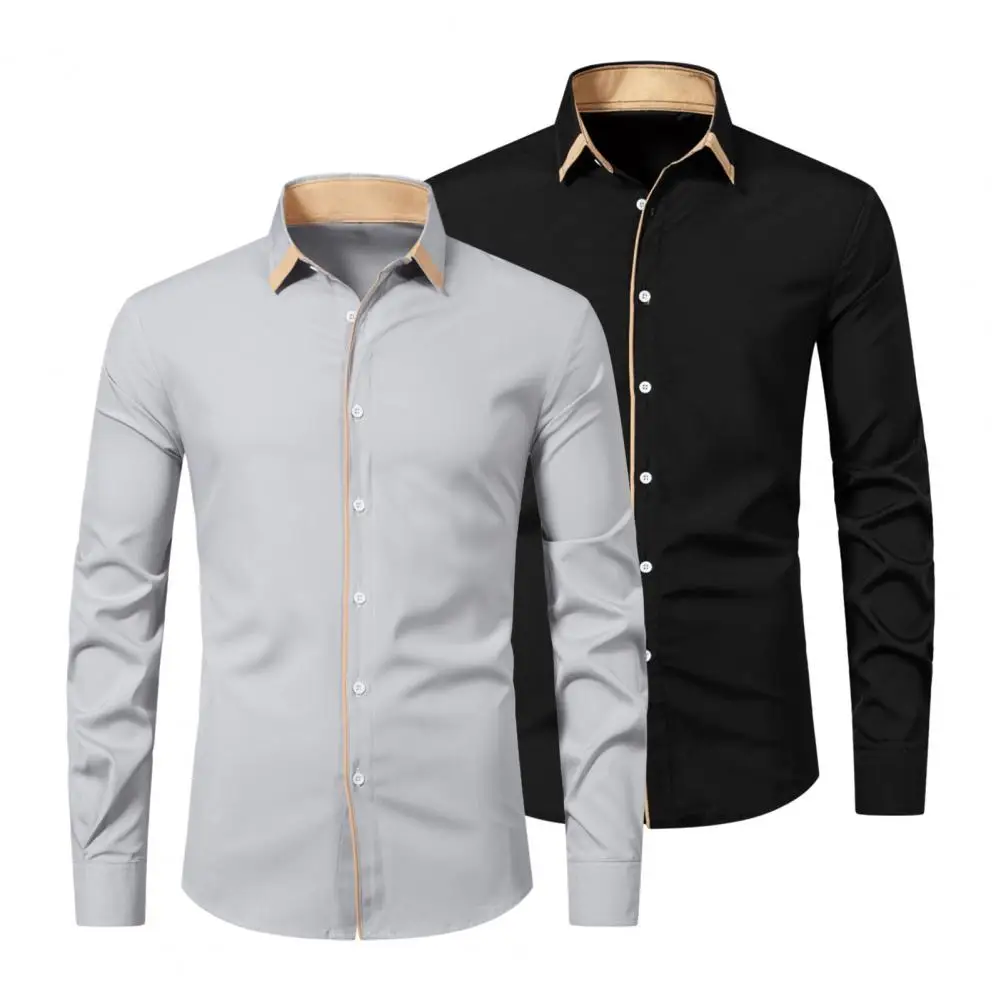 Blusa de escritório de manga comprida de lapela slim fit single-breasted masculina, camisa formal, macia e respirável, outono, primavera